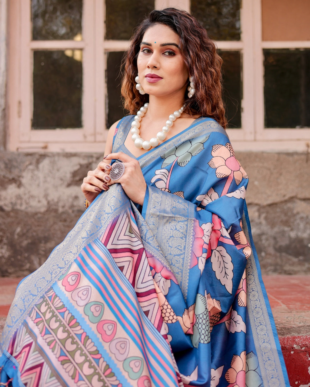 Teal Blue Tussar Silk Saree with Floral Print, Antique Zari Border, Geometric Pallu & Tassels