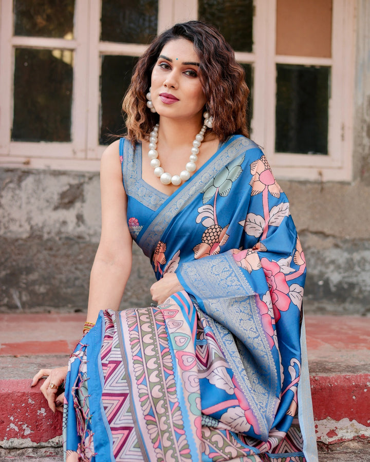 Teal Blue Tussar Silk Saree with Floral Print, Antique Zari Border, Geometric Pallu & Tassels
