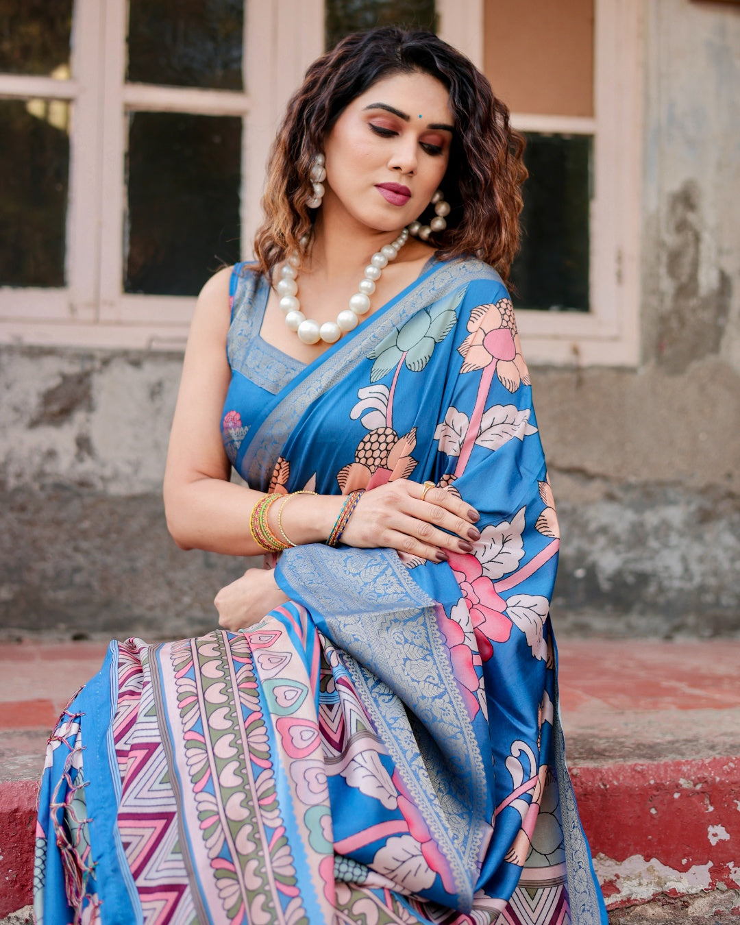 Teal Blue Tussar Silk Saree with Floral Print, Antique Zari Border, Geometric Pallu & Tassels