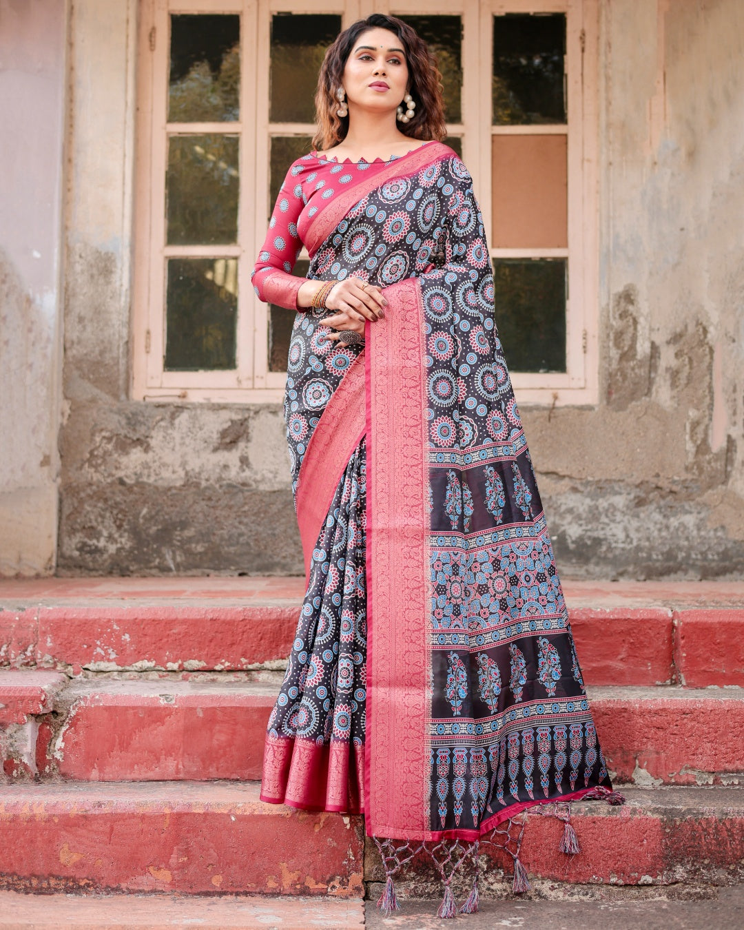 Black & Rani Pink Tussar Silk Saree with Ajrakh-Inspired Print, Zari Border & Tassels