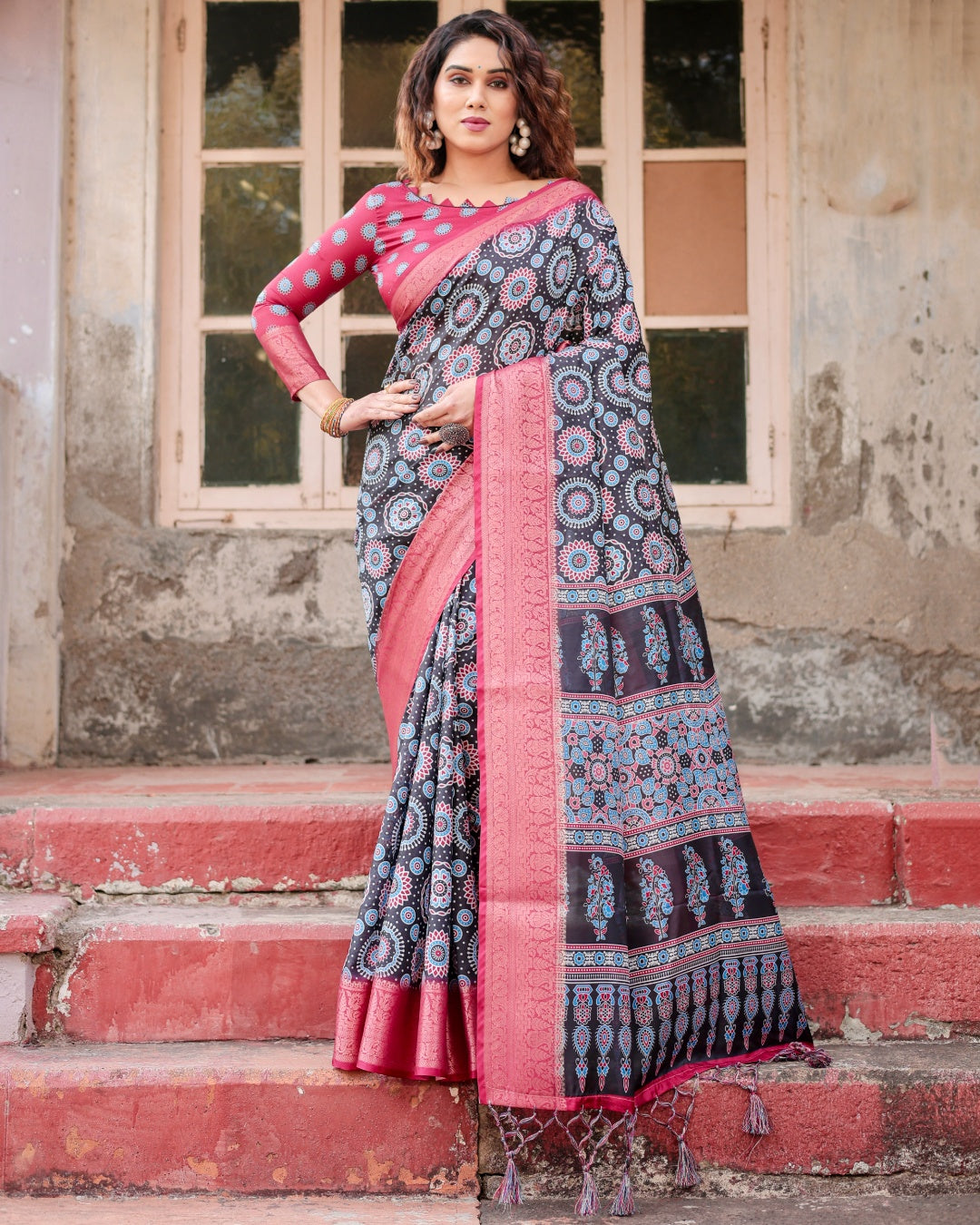 Black & Rani Pink Tussar Silk Saree with Ajrakh-Inspired Print, Zari Border & Tassels