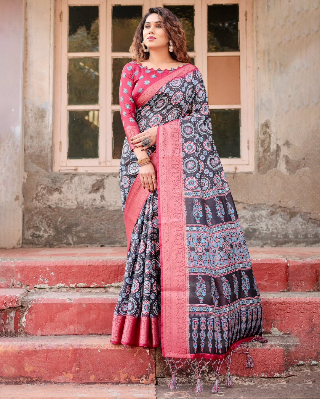 Black & Rani Pink Tussar Silk Saree with Ajrakh-Inspired Print, Zari Border & Tassels