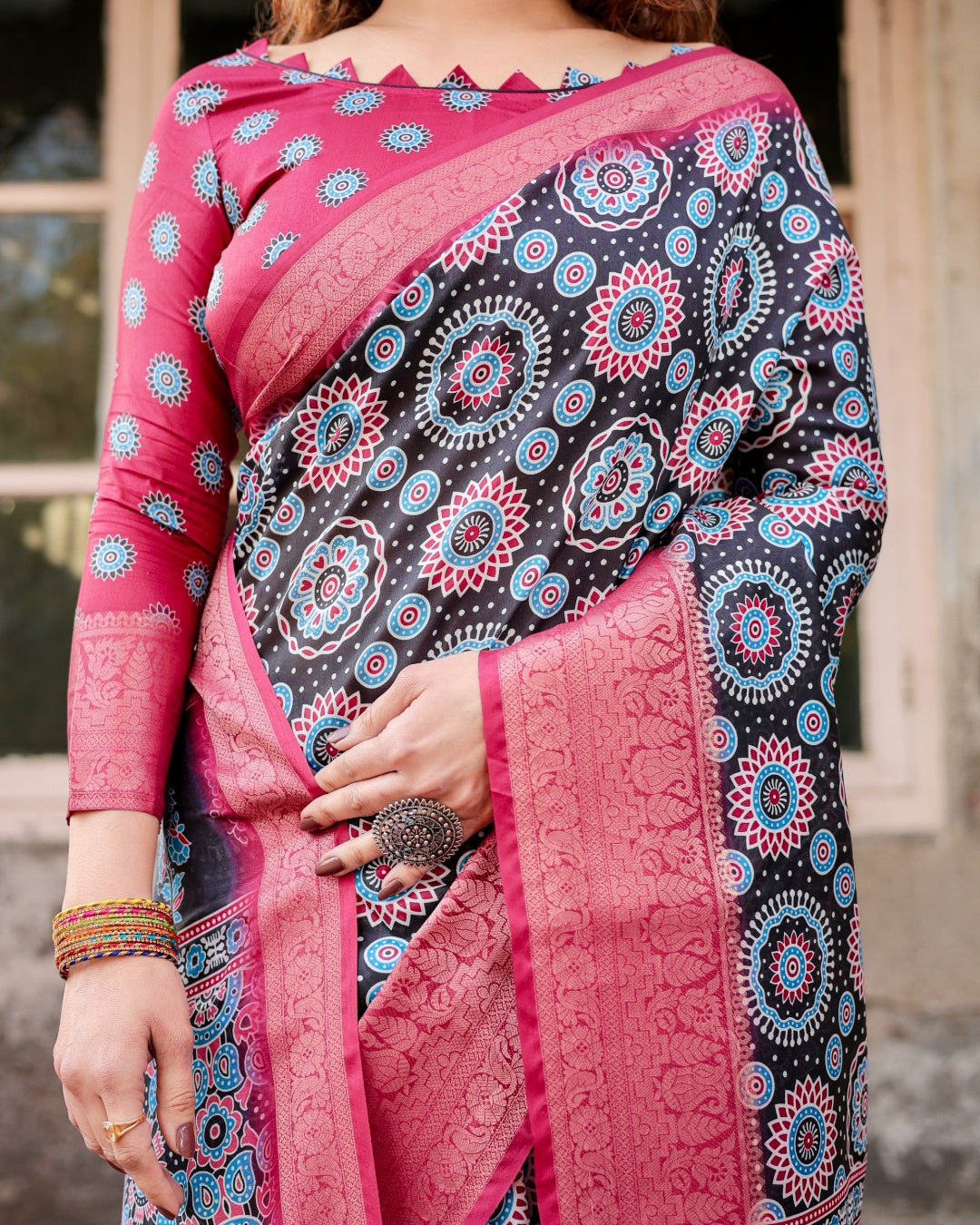 Black & Rani Pink Tussar Silk Saree with Ajrakh-Inspired Print, Zari Border & Tassels