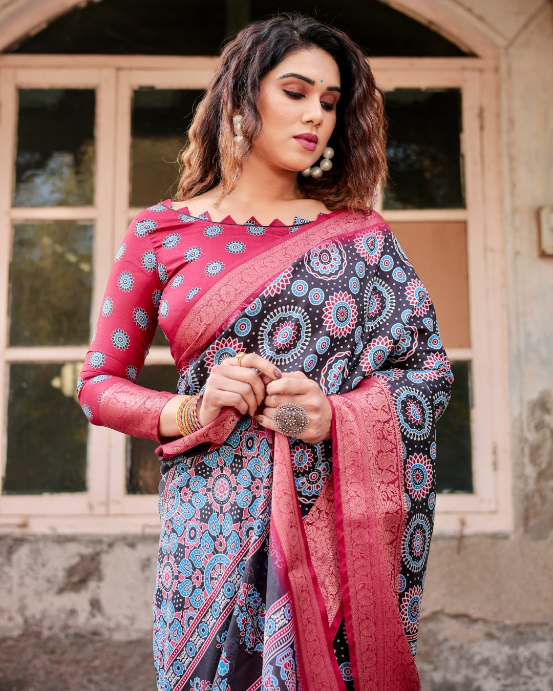 Black & Rani Pink Tussar Silk Saree with Ajrakh-Inspired Print, Zari Border & Tassels