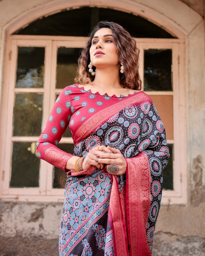 Black & Rani Pink Tussar Silk Saree with Ajrakh-Inspired Print, Zari Border & Tassels