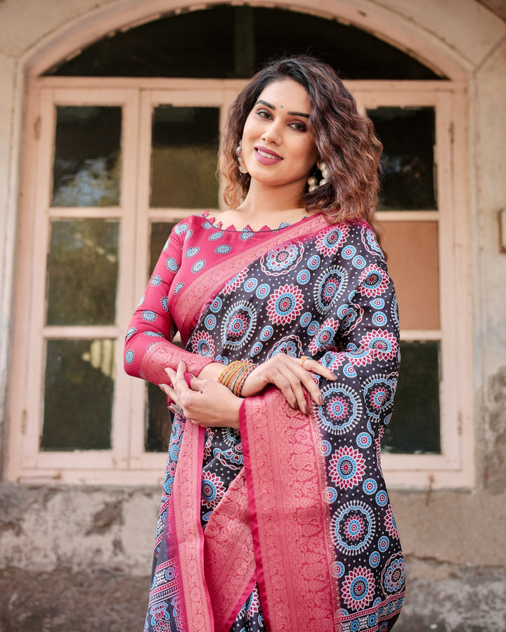Black & Rani Pink Tussar Silk Saree with Ajrakh-Inspired Print, Zari Border & Tassels