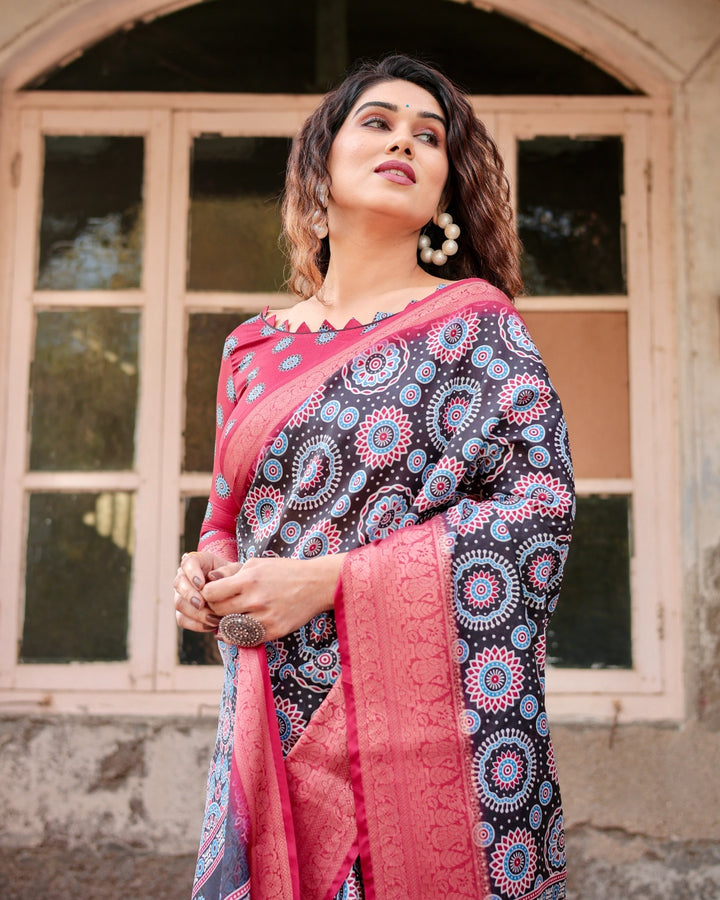 Black & Rani Pink Tussar Silk Saree with Ajrakh-Inspired Print, Zari Border & Tassels