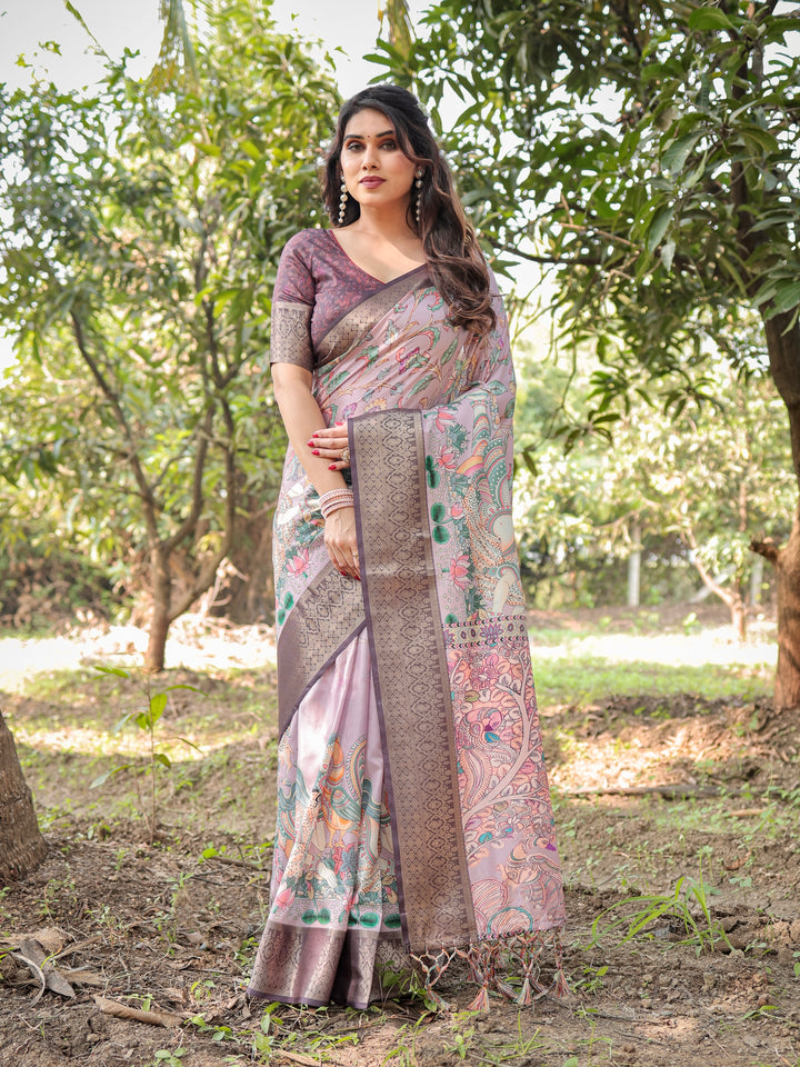 Blush Mauve Tussar Silk Saree with Kalamkari Peacock Print, Woven Border, Tassels & Attached Blouse