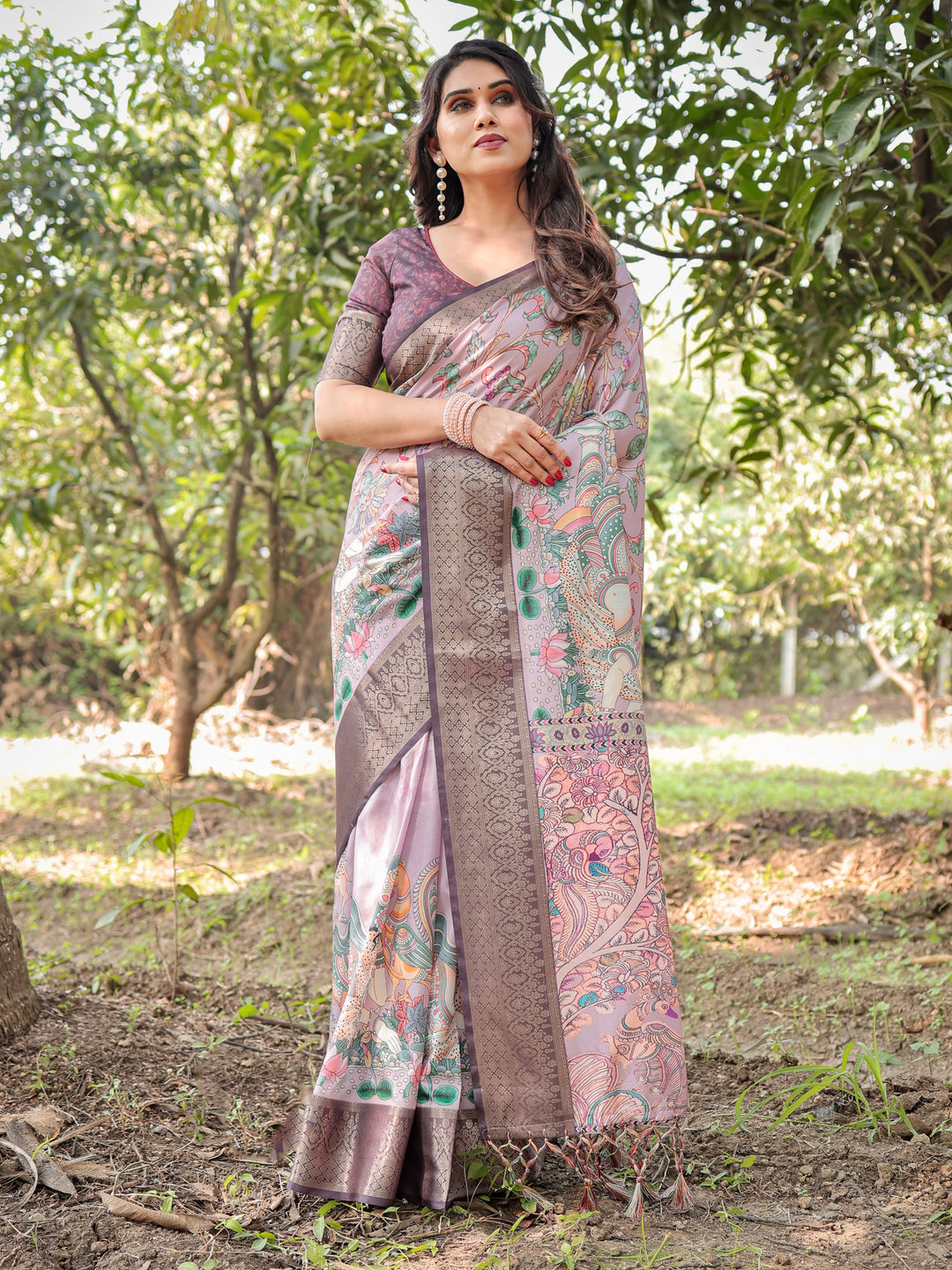 Blush Mauve Tussar Silk Saree with Kalamkari Peacock Print, Woven Border, Tassels & Attached Blouse
