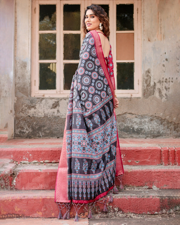 Black & Rani Pink Tussar Silk Saree with Ajrakh-Inspired Print, Zari Border & Tassels