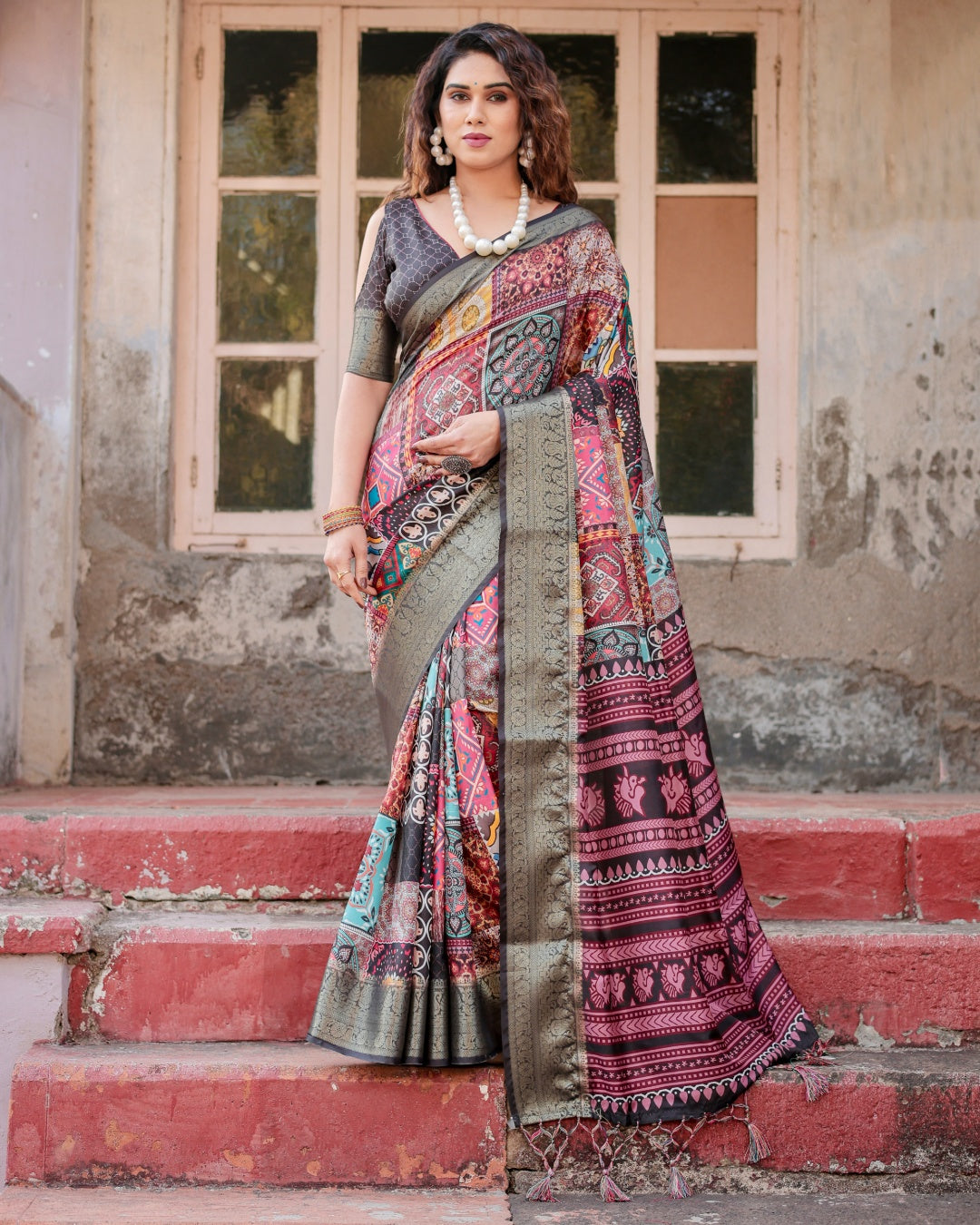 Multicolour Tussar Silk Saree with Patchwork-Inspired Print, Antique Zari Border & Tassels