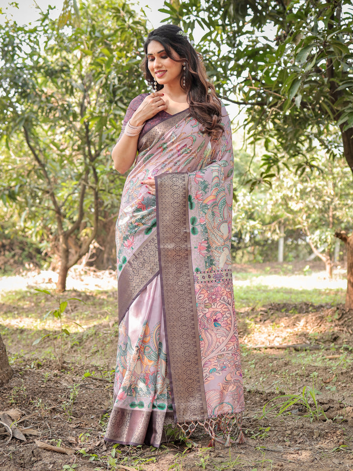 Blush Mauve Tussar Silk Saree with Kalamkari Peacock Print, Woven Border, Tassels & Attached Blouse