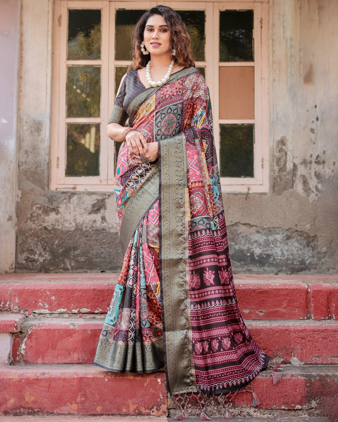 Multicolour Tussar Silk Saree with Patchwork-Inspired Print, Antique Zari Border & Tassels