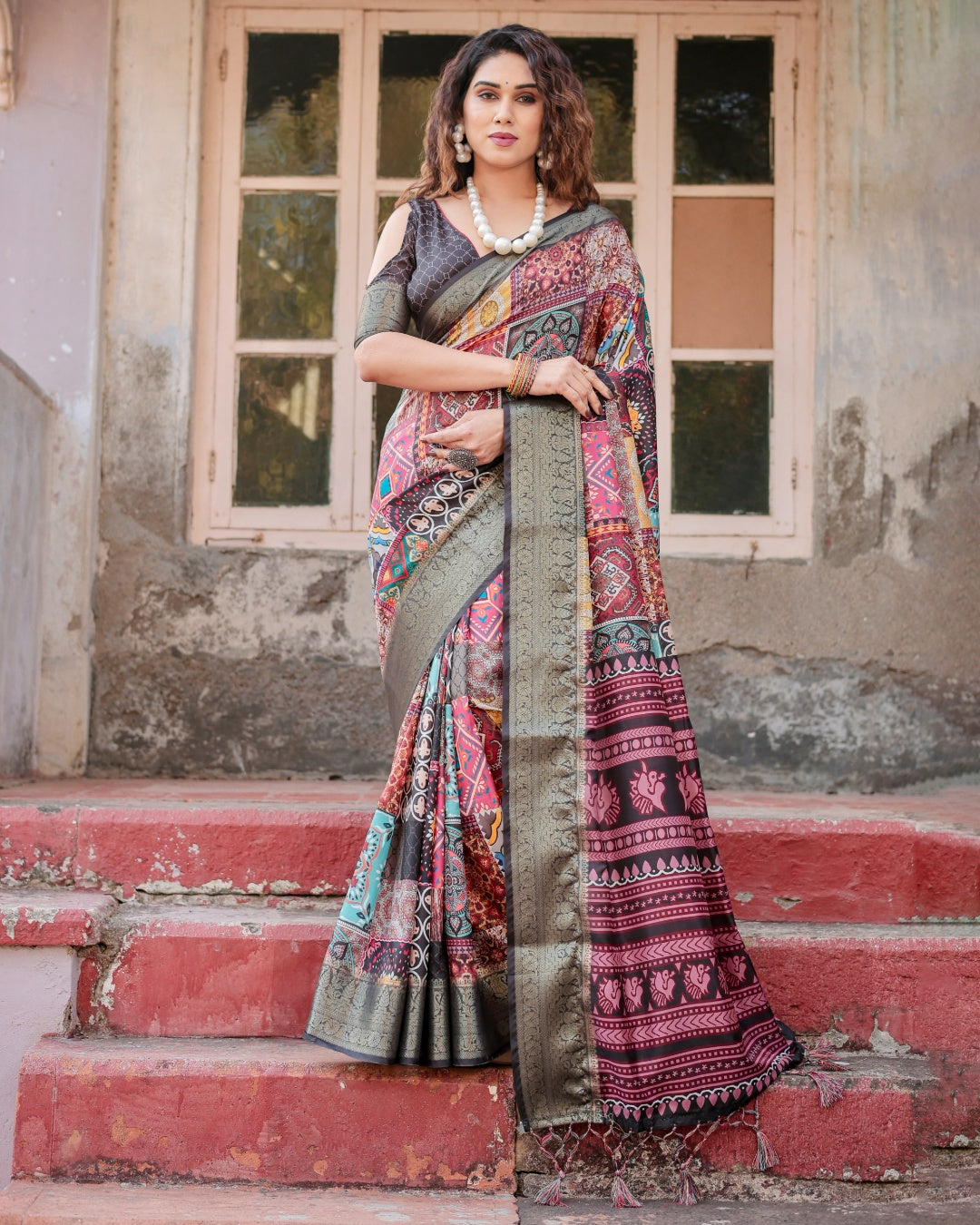 Multicolour Tussar Silk Saree with Patchwork-Inspired Print, Antique Zari Border & Tassels