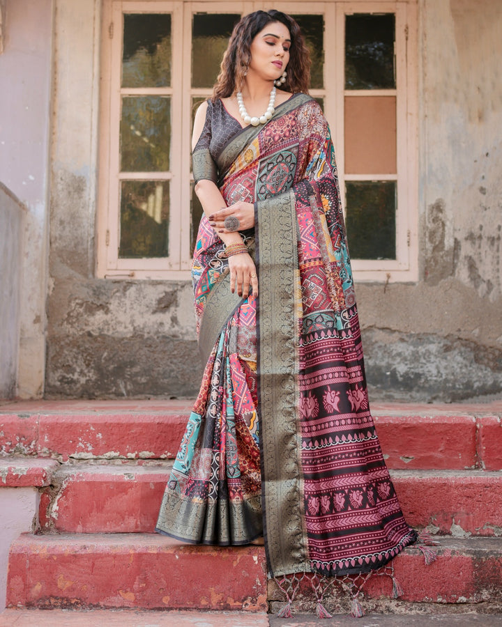 Multicolour Tussar Silk Saree with Patchwork-Inspired Print, Antique Zari Border & Tassels