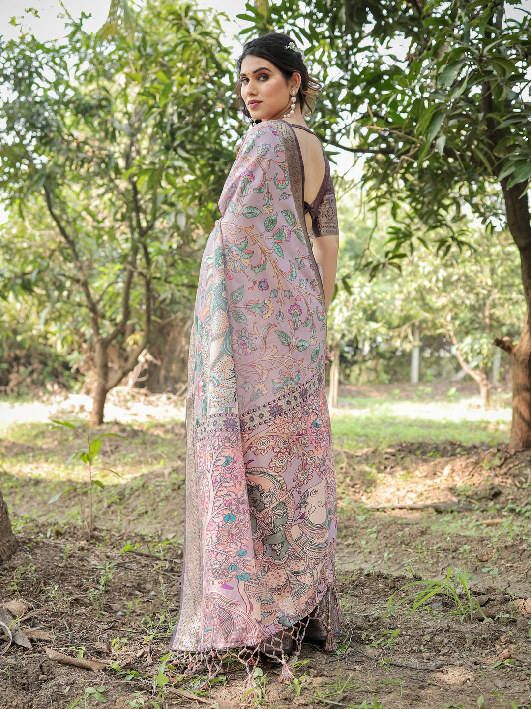 Blush Mauve Tussar Silk Saree with Kalamkari Peacock Print, Woven Border, Tassels & Attached Blouse