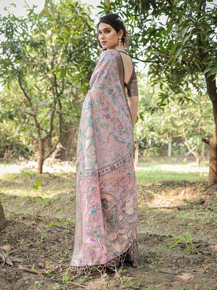 Blush Mauve Tussar Silk Saree with Kalamkari Peacock Print, Woven Border, Tassels & Attached Blouse