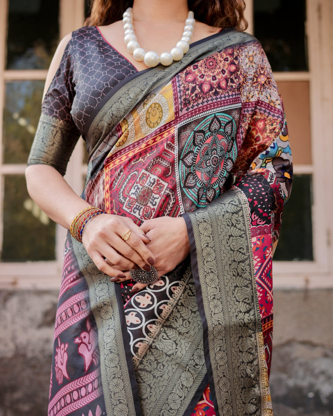 Multicolour Tussar Silk Saree with Patchwork-Inspired Print, Antique Zari Border & Tassels