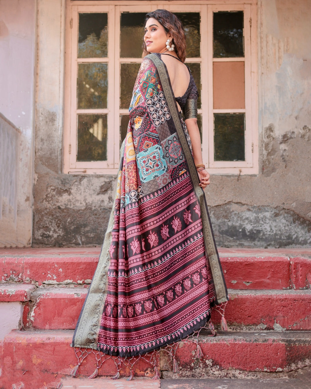 Multicolour Tussar Silk Saree with Patchwork-Inspired Print, Antique Zari Border & Tassels