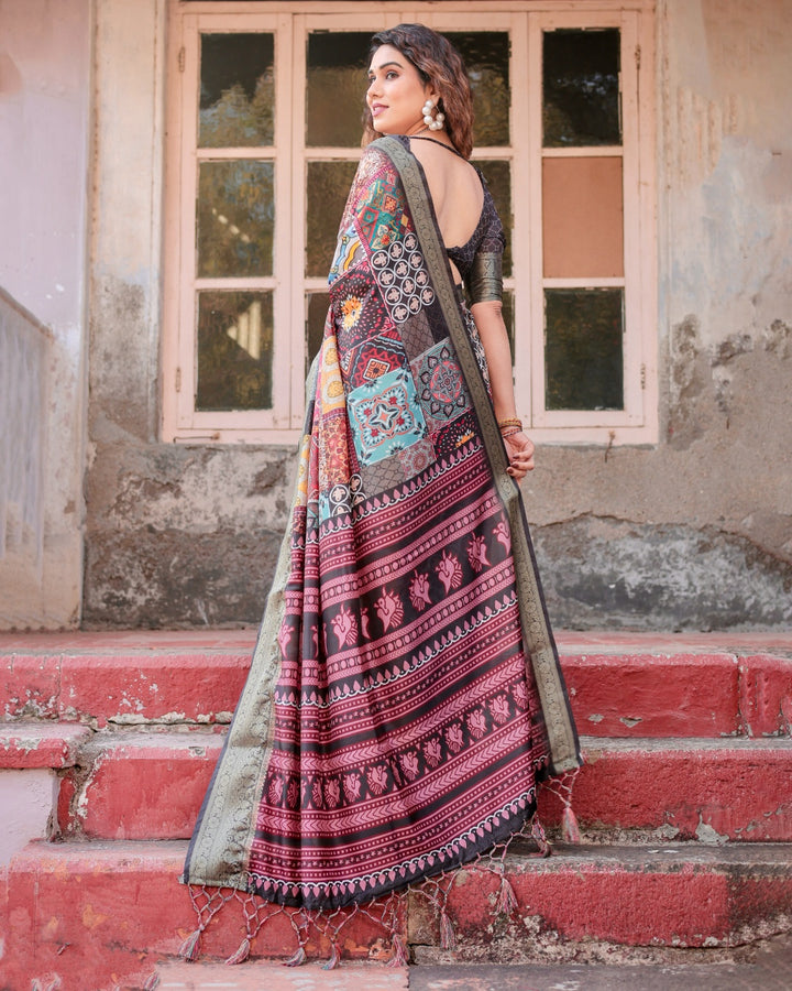 Multicolour Tussar Silk Saree with Patchwork-Inspired Print, Antique Zari Border & Tassels