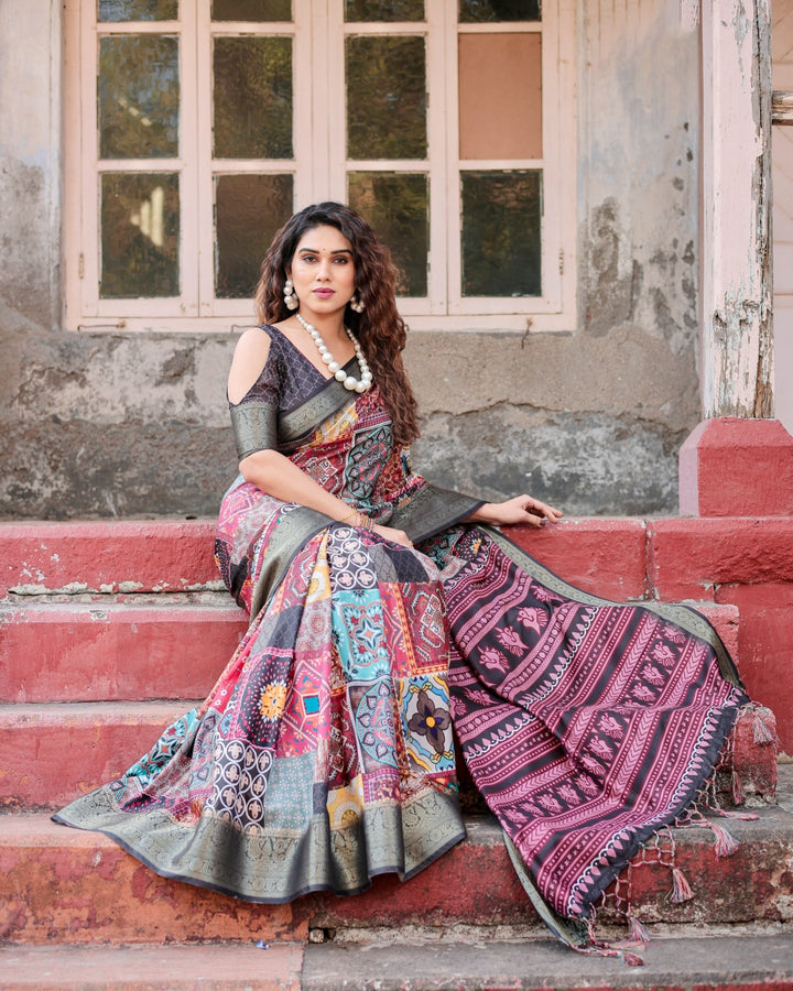 Multicolour Tussar Silk Saree with Patchwork-Inspired Print, Antique Zari Border & Tassels
