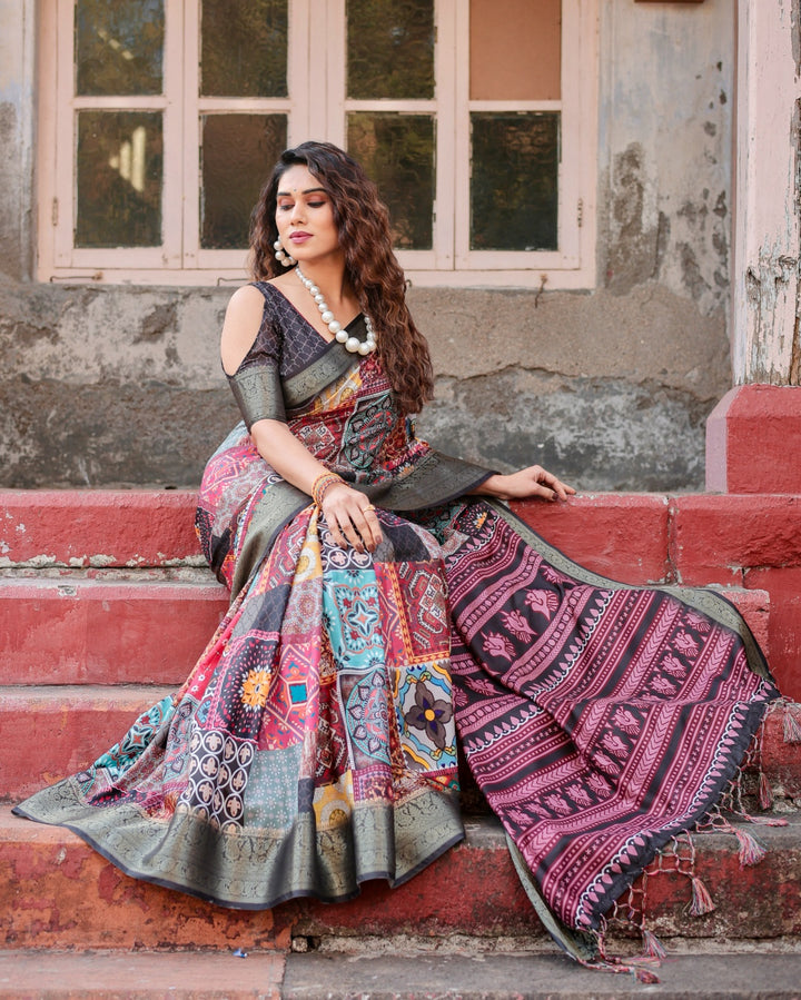 Multicolour Tussar Silk Saree with Patchwork-Inspired Print, Antique Zari Border & Tassels