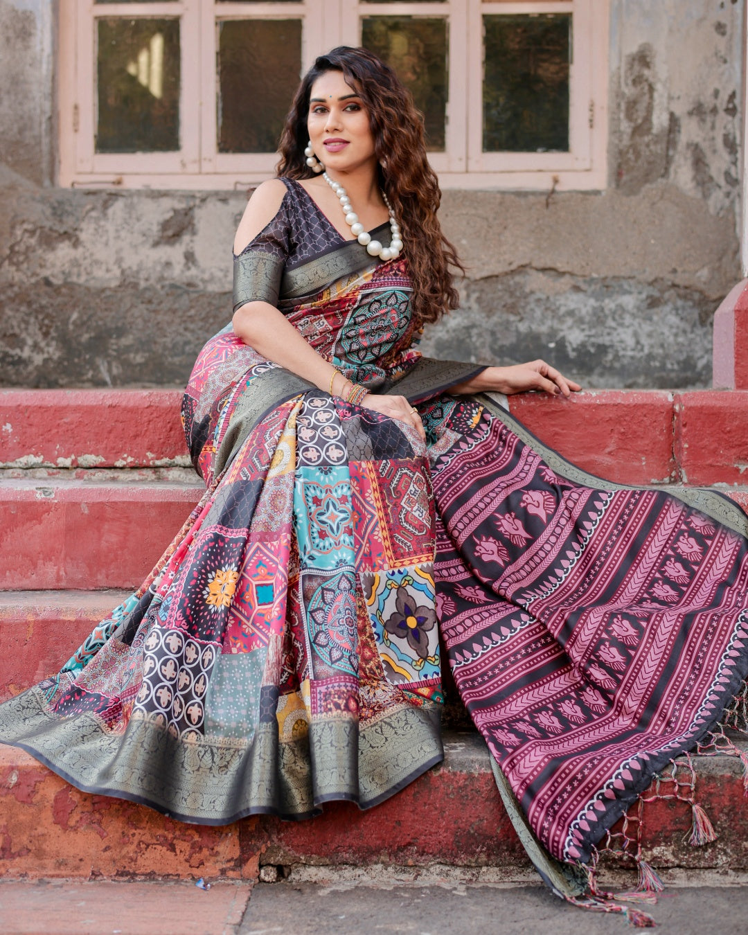 Multicolour Tussar Silk Saree with Patchwork-Inspired Print, Antique Zari Border & Tassels