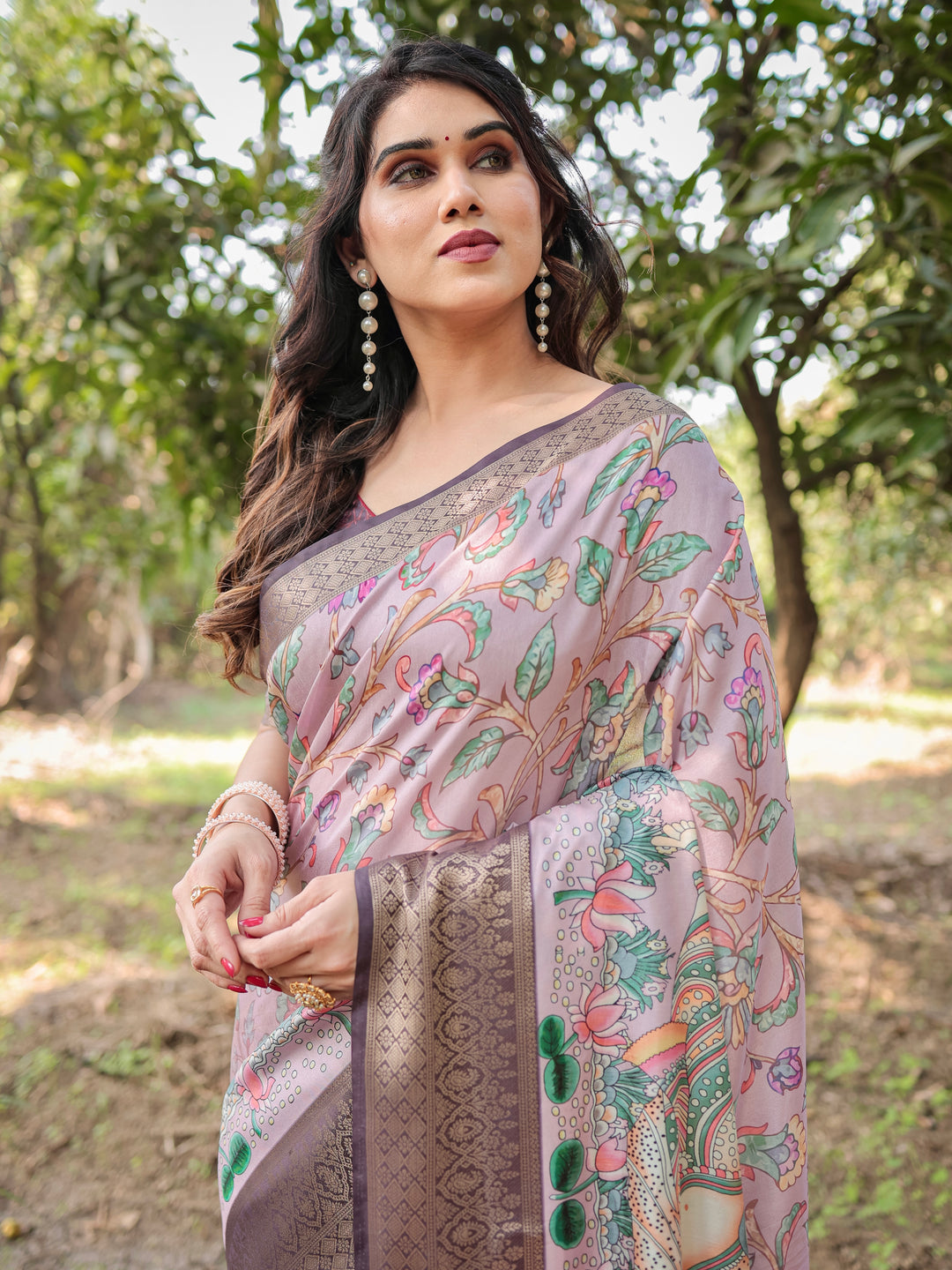 Blush Mauve Tussar Silk Saree with Kalamkari Peacock Print, Woven Border, Tassels & Attached Blouse