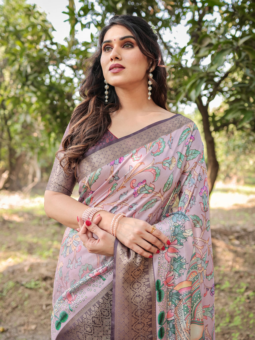 Blush Mauve Tussar Silk Saree with Kalamkari Peacock Print, Woven Border, Tassels & Attached Blouse