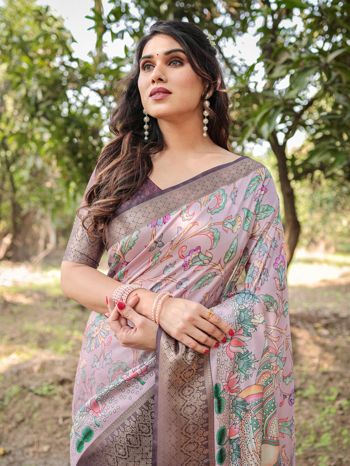 Blush Mauve Tussar Silk Saree with Kalamkari Peacock Print, Woven Border, Tassels & Attached Blouse