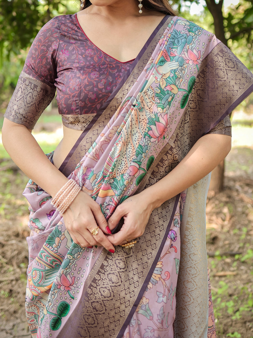 Blush Mauve Tussar Silk Saree with Kalamkari Peacock Print, Woven Border, Tassels & Attached Blouse