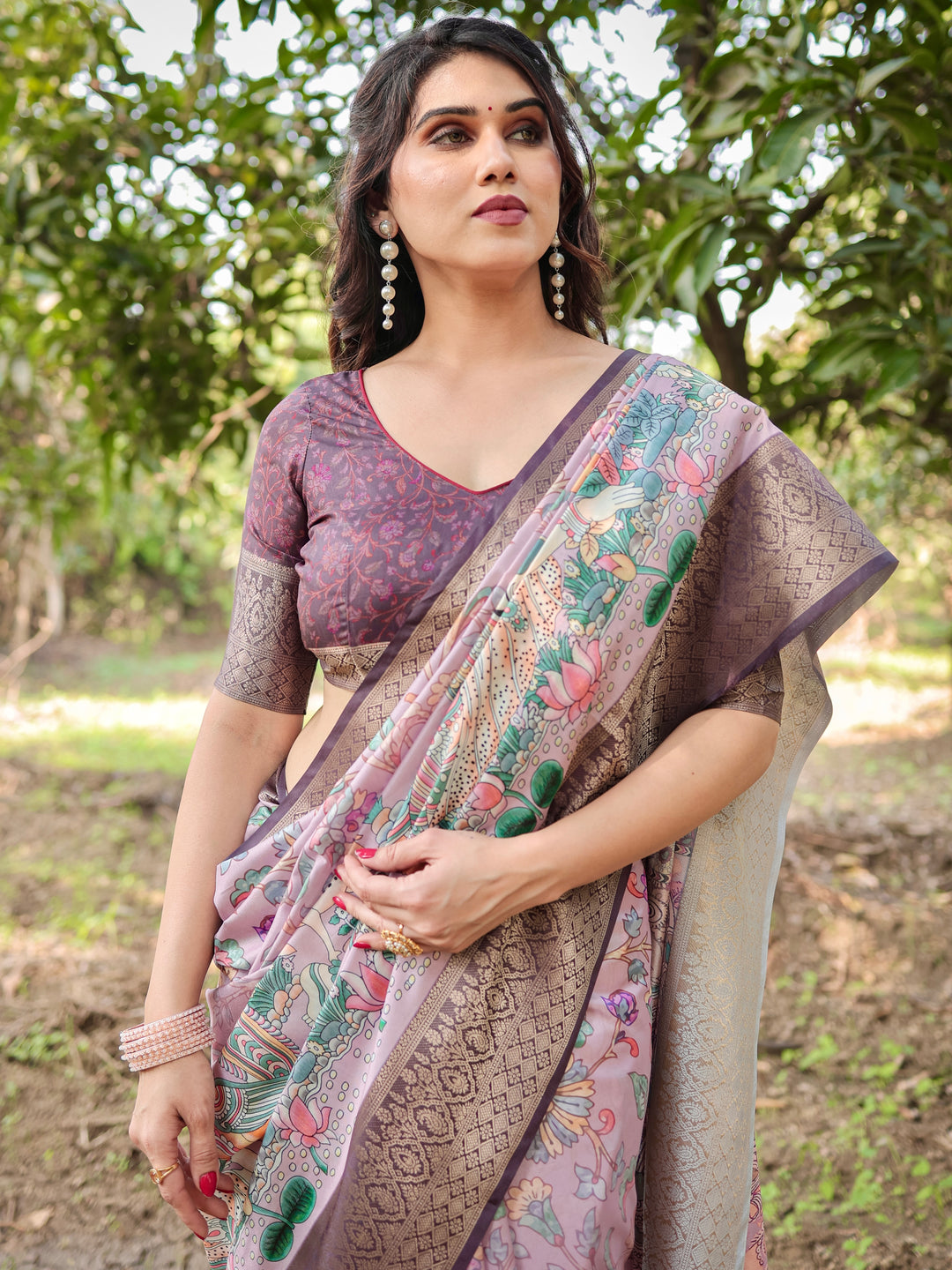Blush Mauve Tussar Silk Saree with Kalamkari Peacock Print, Woven Border, Tassels & Attached Blouse