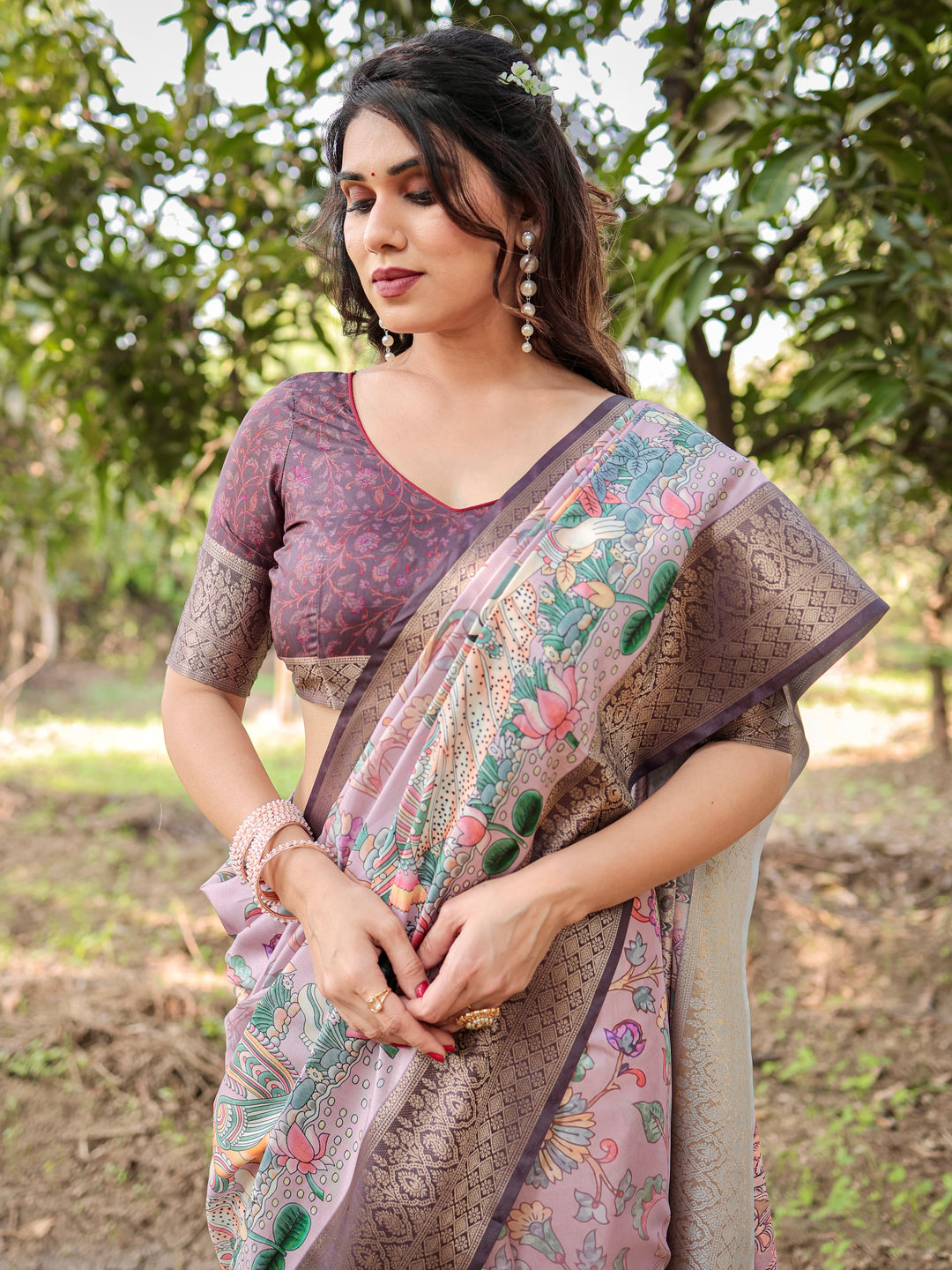 Blush Mauve Tussar Silk Saree with Kalamkari Peacock Print, Woven Border, Tassels & Attached Blouse