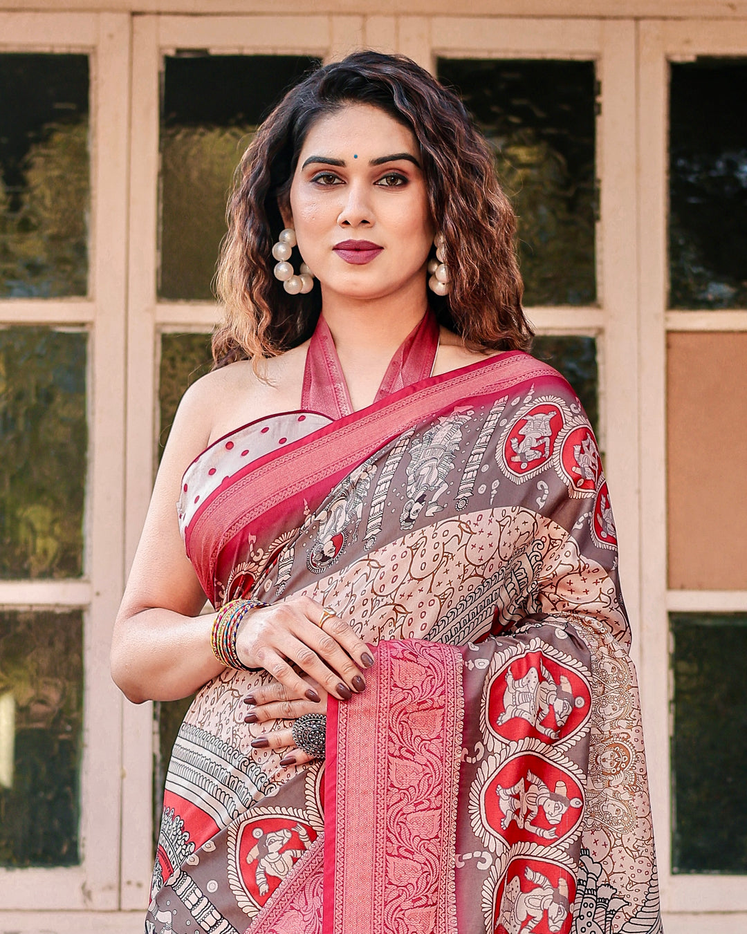 Beige & Red Tussar Silk Saree with Madhubani-Inspired Print, Zari Border & Tassels