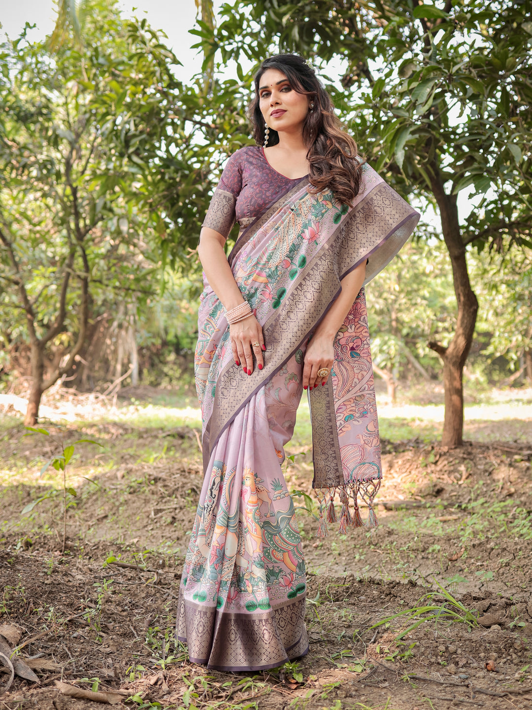 Blush Mauve Tussar Silk Saree with Kalamkari Peacock Print, Woven Border, Tassels & Attached Blouse
