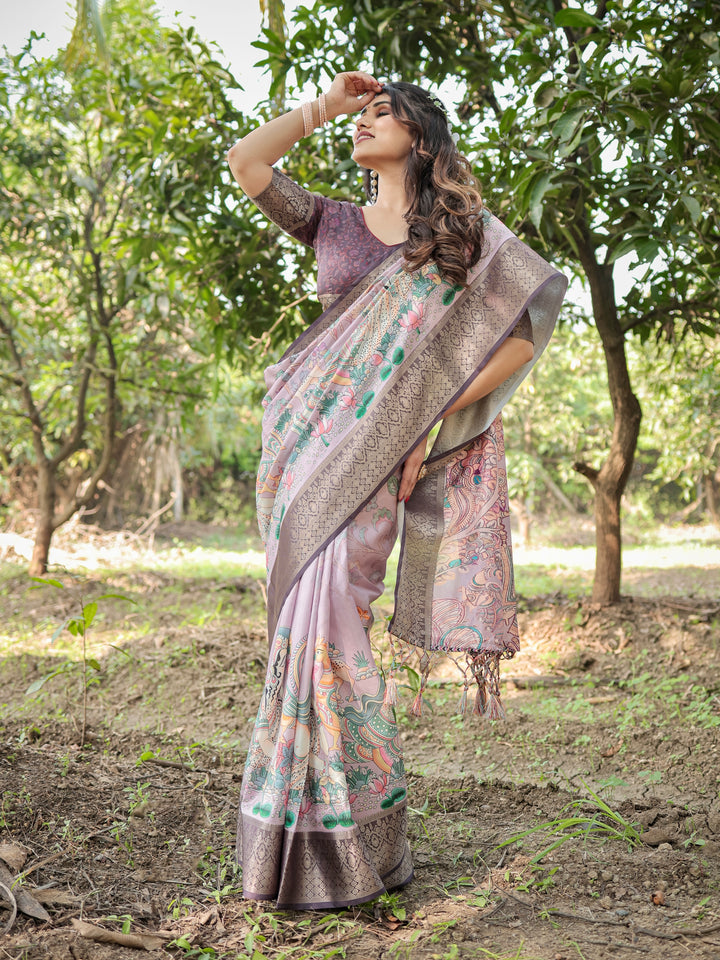 Blush Mauve Tussar Silk Saree with Kalamkari Peacock Print, Woven Border, Tassels & Attached Blouse