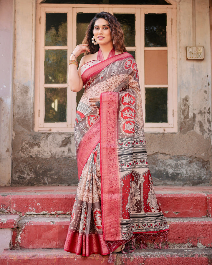 Beige & Red Tussar Silk Saree with Madhubani-Inspired Print, Zari Border & Tassels