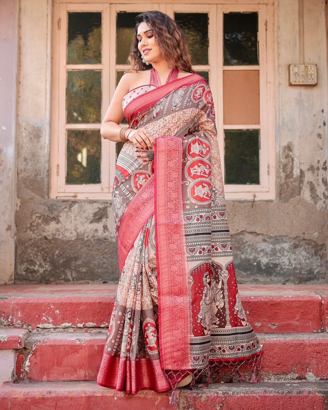 Beige & Red Tussar Silk Saree with Madhubani-Inspired Print, Zari Border & Tassels
