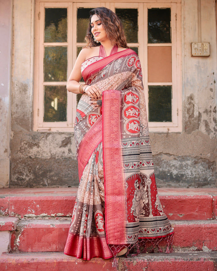 Beige & Red Tussar Silk Saree with Madhubani-Inspired Print, Zari Border & Tassels