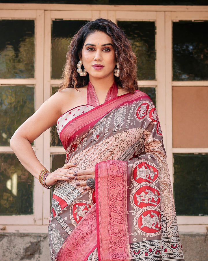Beige & Red Tussar Silk Saree with Madhubani-Inspired Print, Zari Border & Tassels
