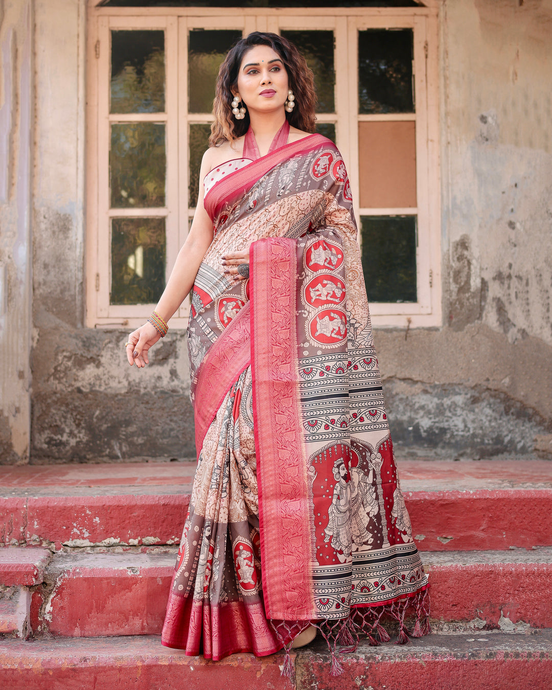 Beige & Red Tussar Silk Saree with Madhubani-Inspired Print, Zari Border & Tassels