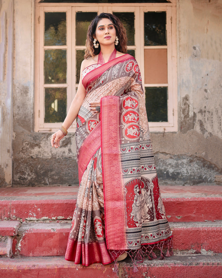 Beige & Red Tussar Silk Saree with Madhubani-Inspired Print, Zari Border & Tassels