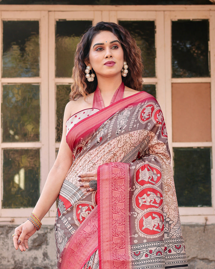 Beige & Red Tussar Silk Saree with Madhubani-Inspired Print, Zari Border & Tassels