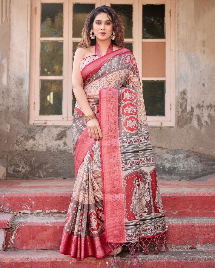 Beige & Red Tussar Silk Saree with Madhubani-Inspired Print, Zari Border & Tassels