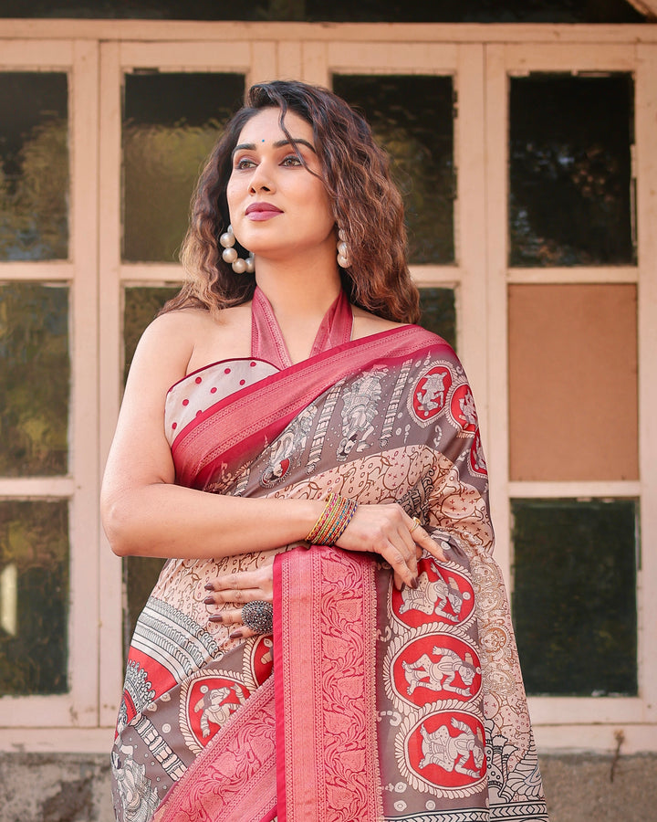 Beige & Red Tussar Silk Saree with Madhubani-Inspired Print, Zari Border & Tassels