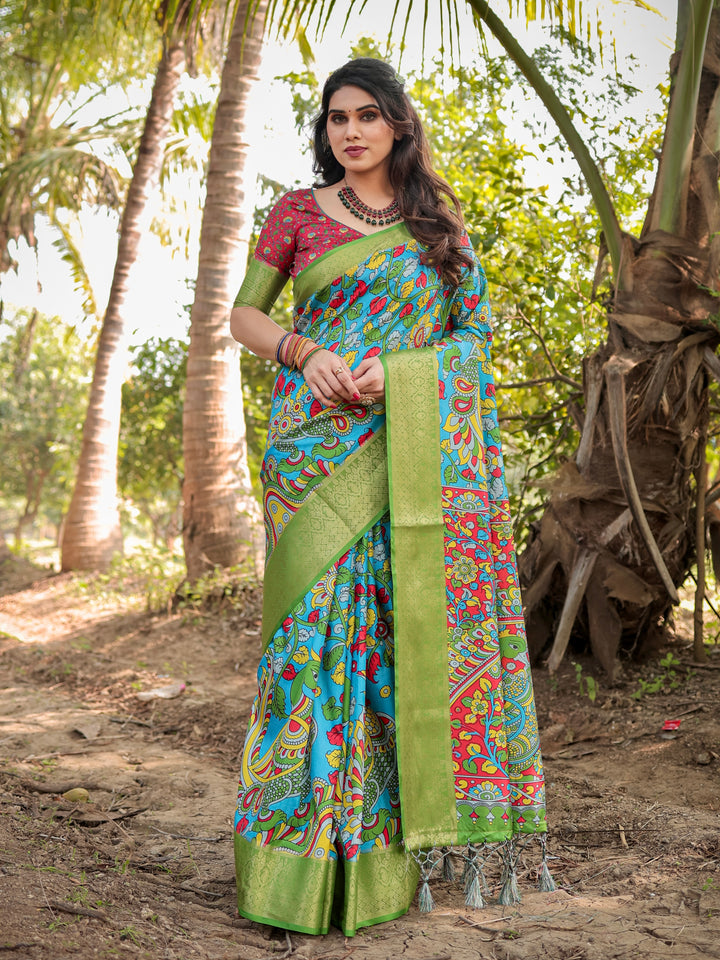 Turquoise Blue Tussar Silk Saree with Kalamkari Peacock Print, Green Woven Border, Tassels & Attached Blouse