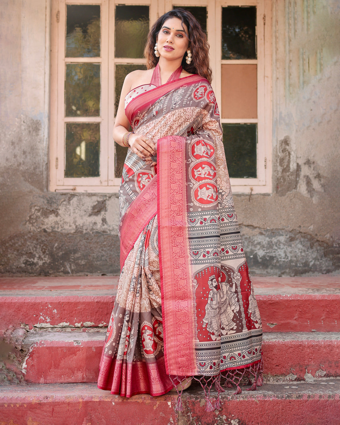 Beige & Red Tussar Silk Saree with Madhubani-Inspired Print, Zari Border & Tassels