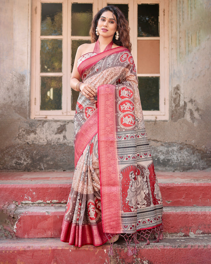 Beige & Red Tussar Silk Saree with Madhubani-Inspired Print, Zari Border & Tassels