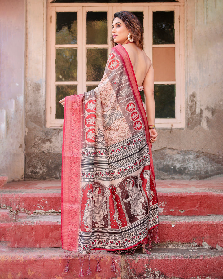 Beige & Red Tussar Silk Saree with Madhubani-Inspired Print, Zari Border & Tassels