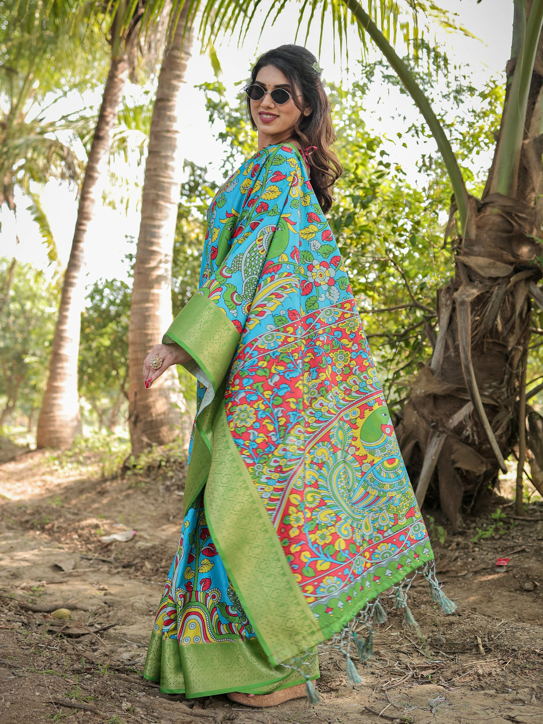 Turquoise Blue Tussar Silk Saree with Kalamkari Peacock Print, Green Woven Border, Tassels & Attached Blouse